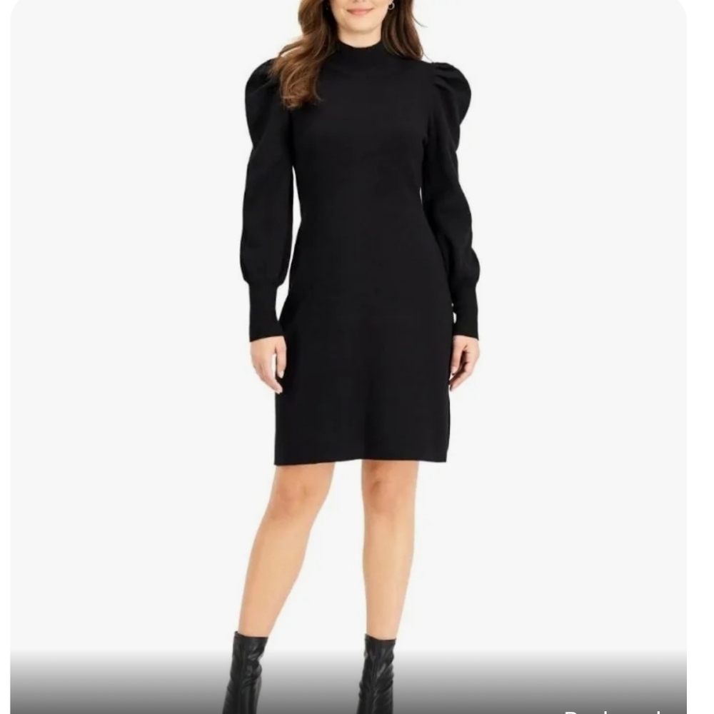 NWT black mock neck taylor dress with puffy shoulders,